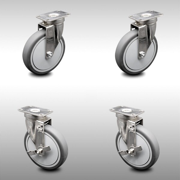 6 Inch SS Thermoplastic Rubber Wheel Swivel Top Plate Caster Set with 2 Brakes